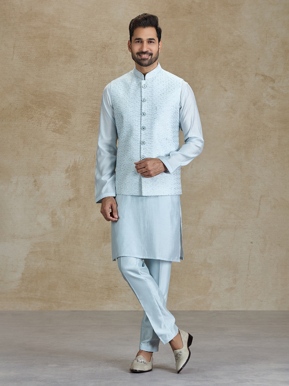 Light grey silk embroidered weaving waistcoat set