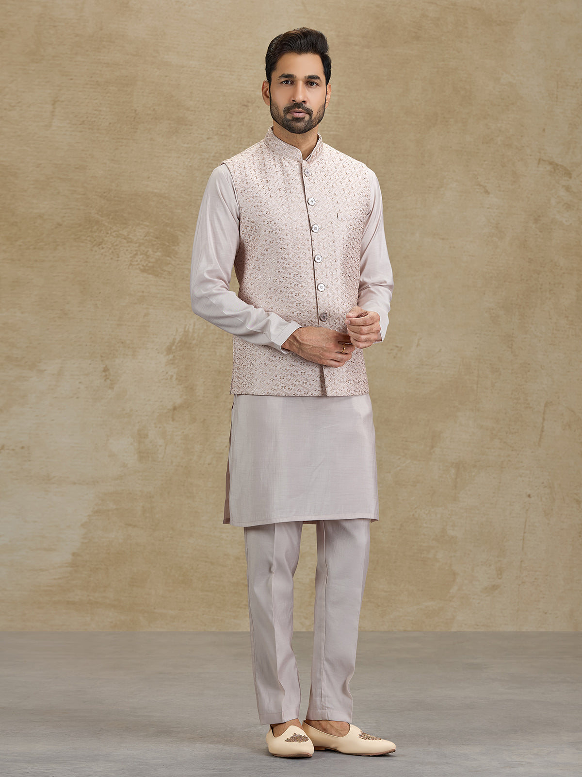 Light peach silk embroidered waistcoat set