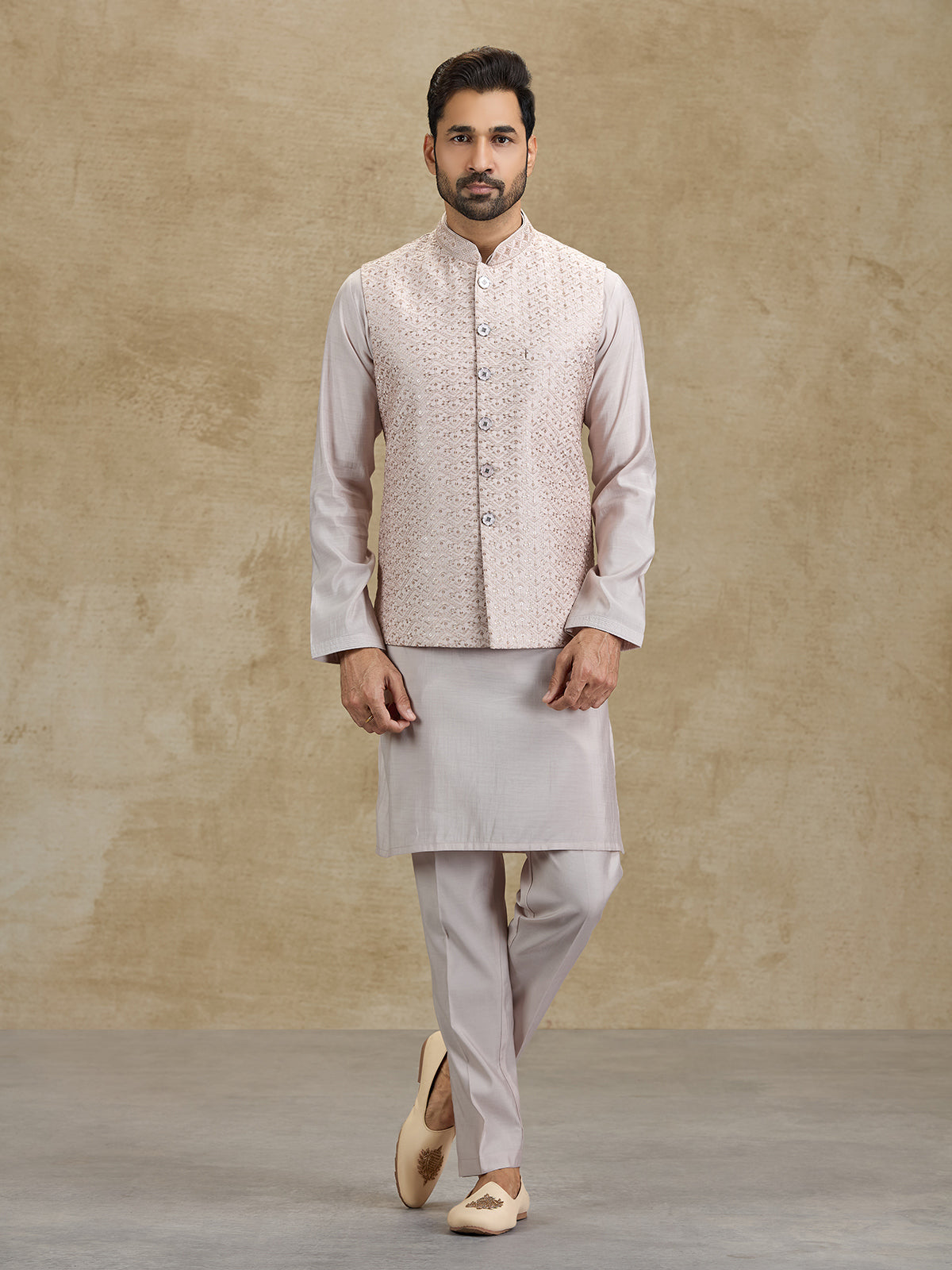 Light peach silk embroidered waistcoat set