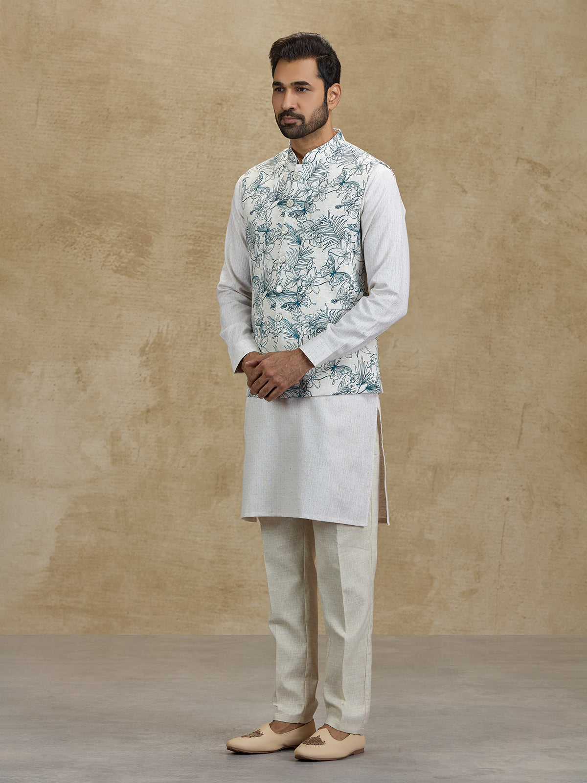 Off white and blue floral printed silk waistcoat set