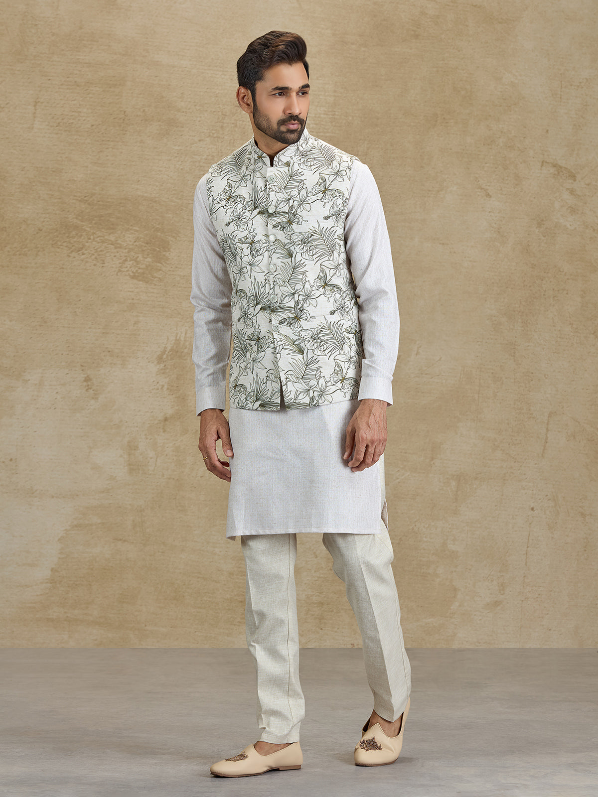 Off white and olive floral printed silk waistcoat set