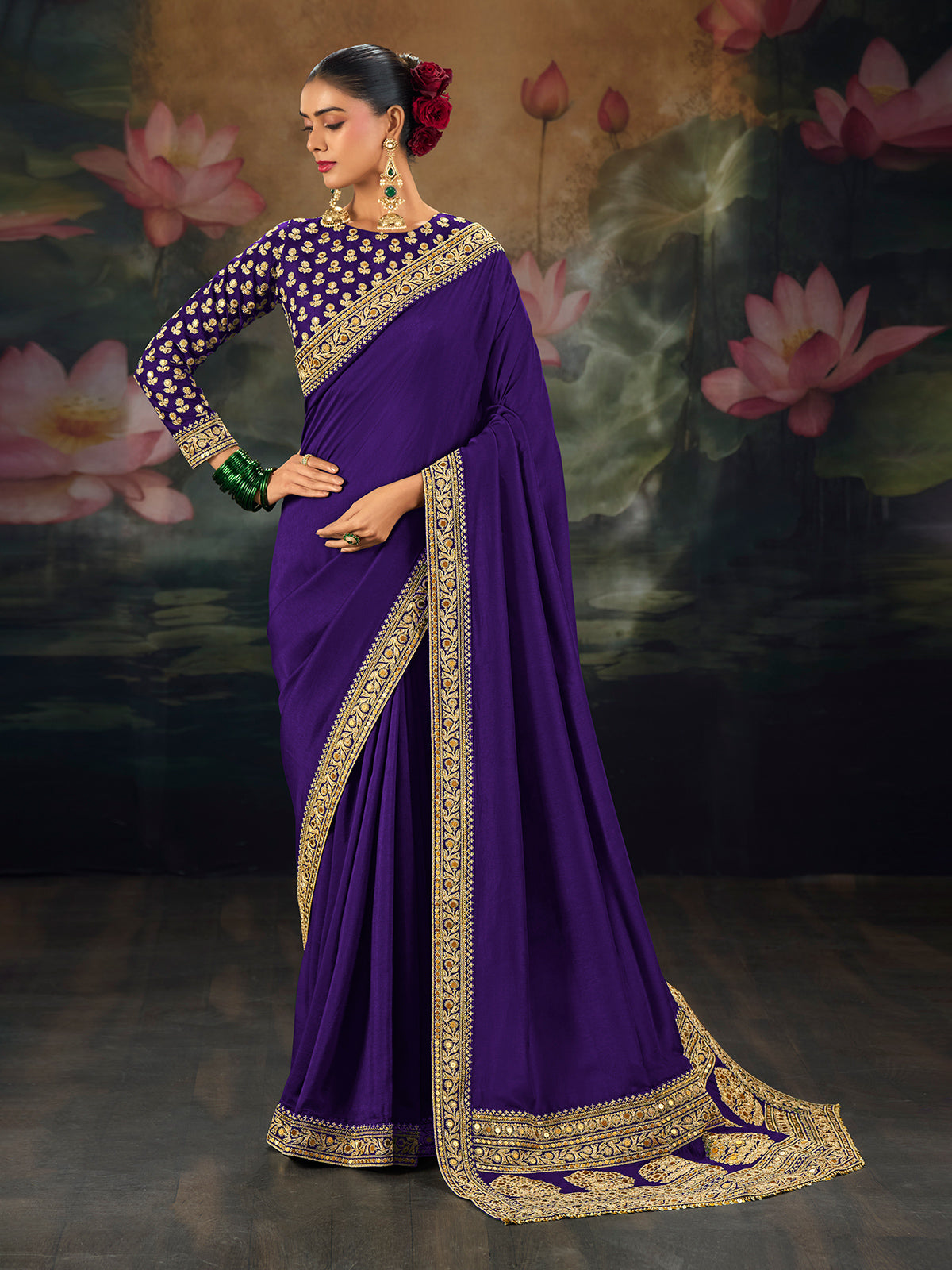 Purple munga silk saree with resham and sequins work