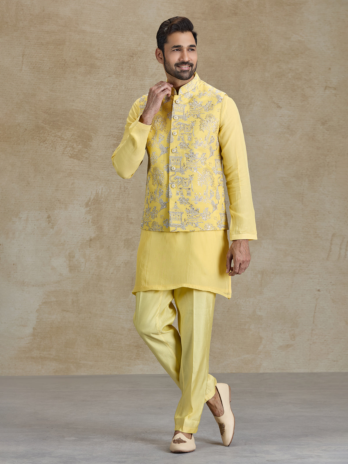 Yellow silk resham and sequins waistcoat set for haldi