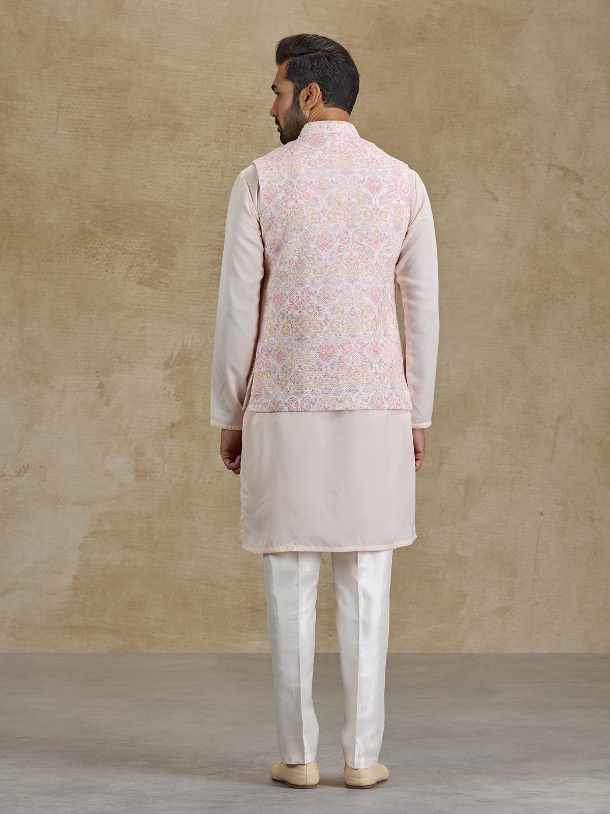 Light pink cotton printed embroidered waistcoat set