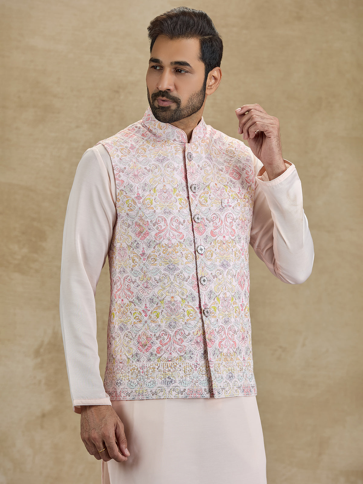 Light pink cotton printed embroidered waistcoat set