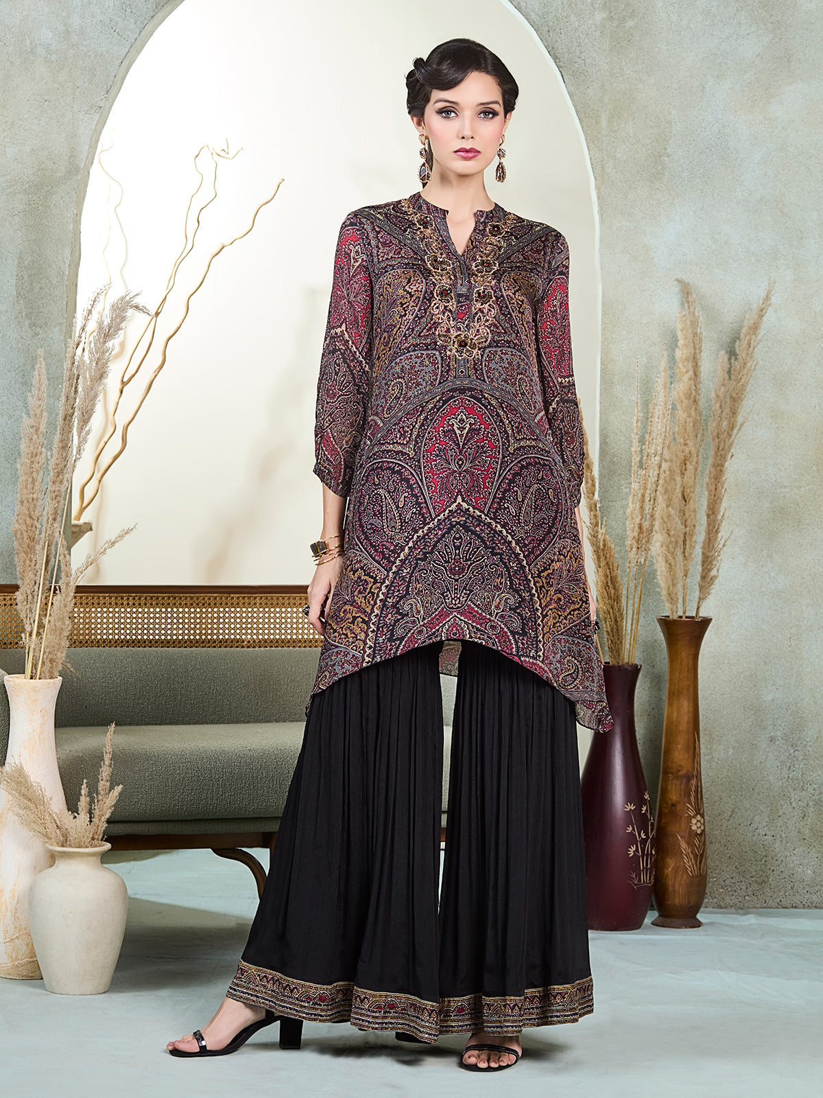 Black silk printed stand collar festive kurti palazzo set