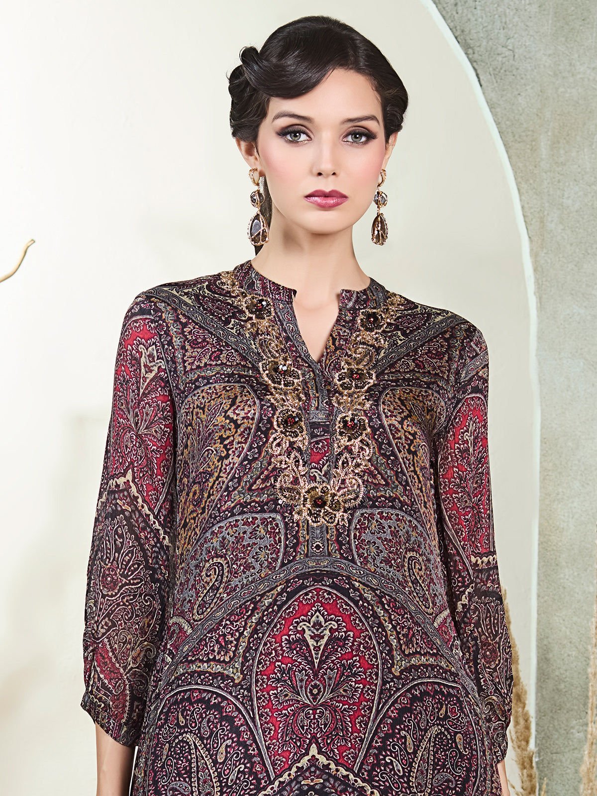 Black silk printed stand collar festive kurti palazzo set