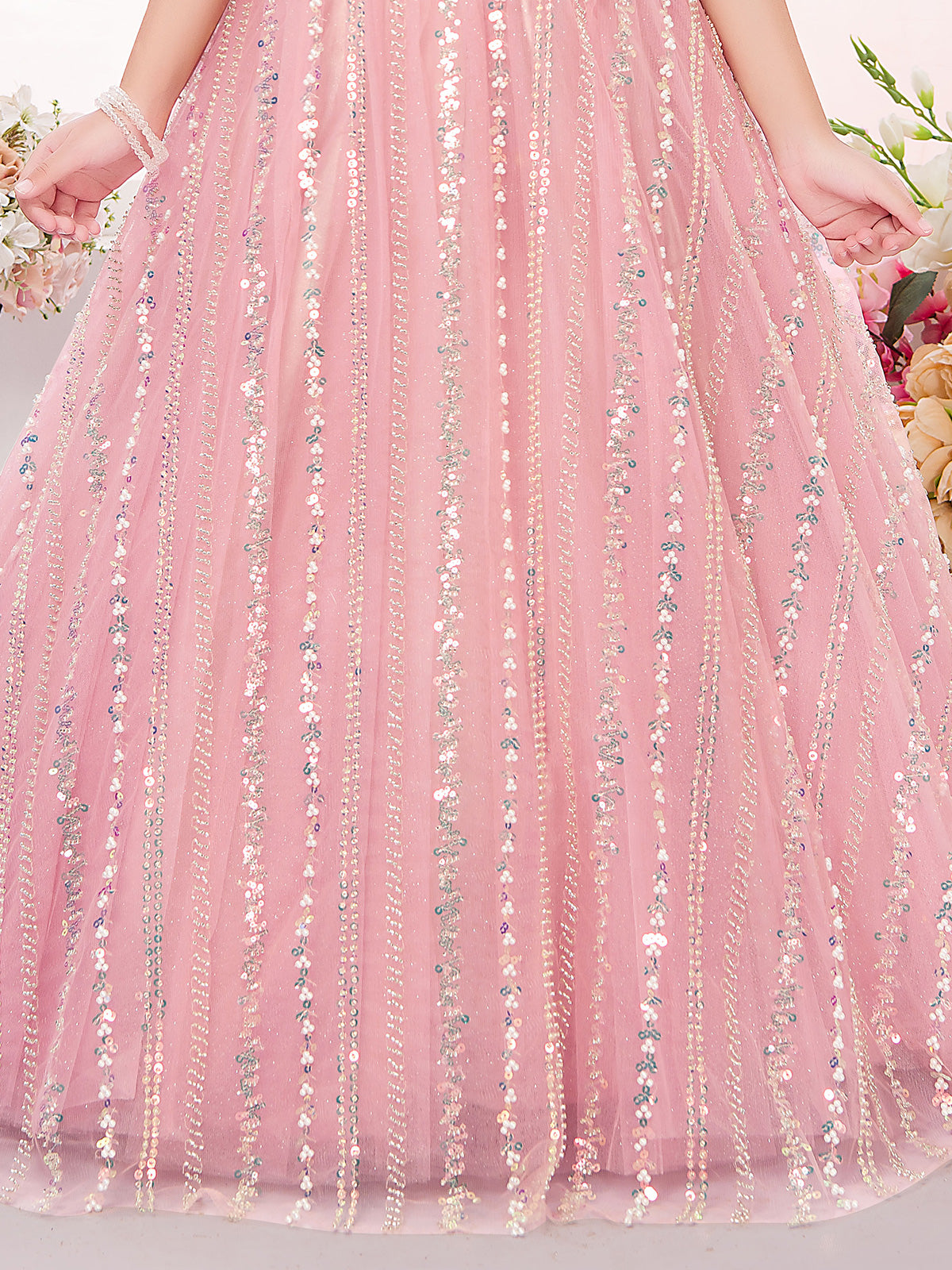 Light pink net reception party gown for girls