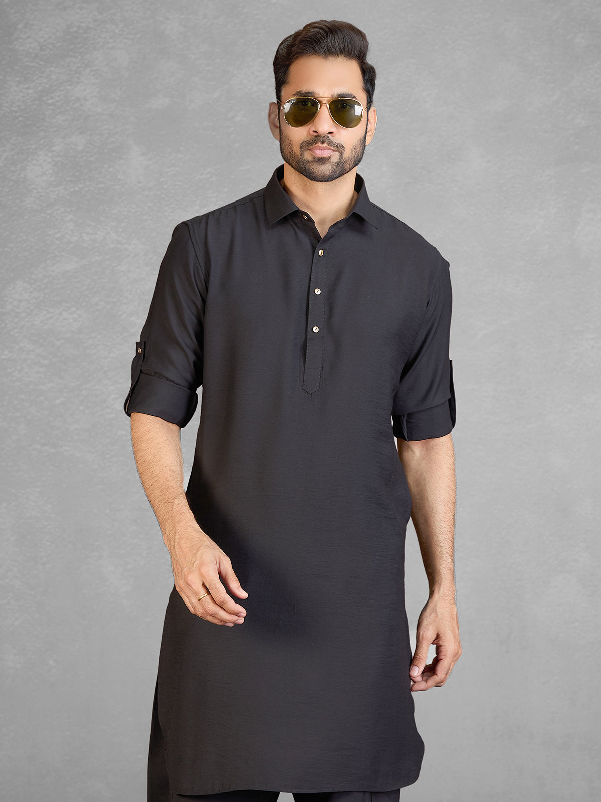 Classic black cotton blend pathani suit with pocket