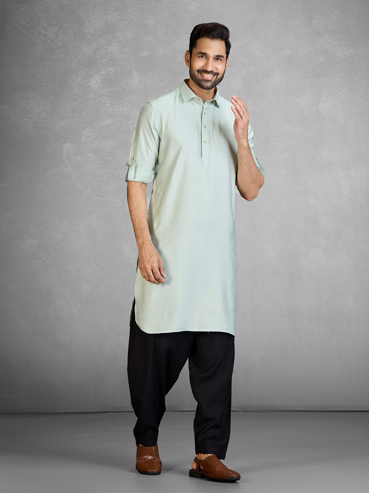 Graceful pista green cotton blend pathani suit