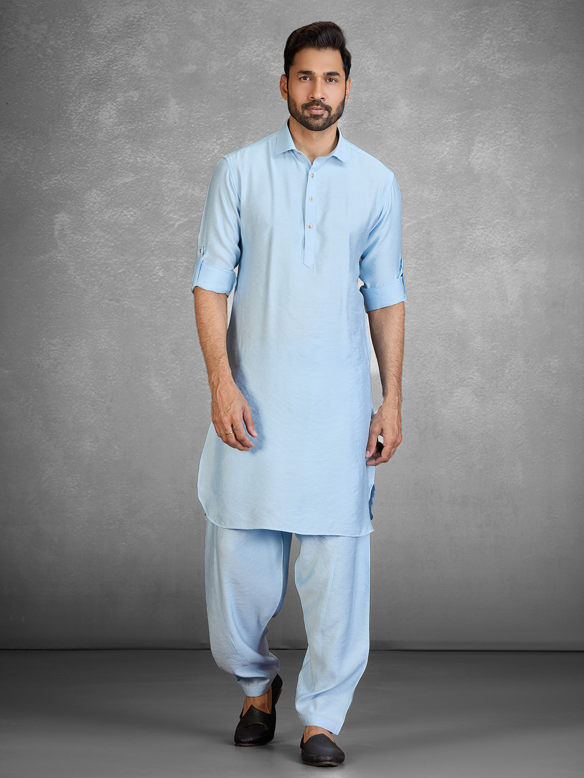 Refreshing sky blue cotton blend pathani suit