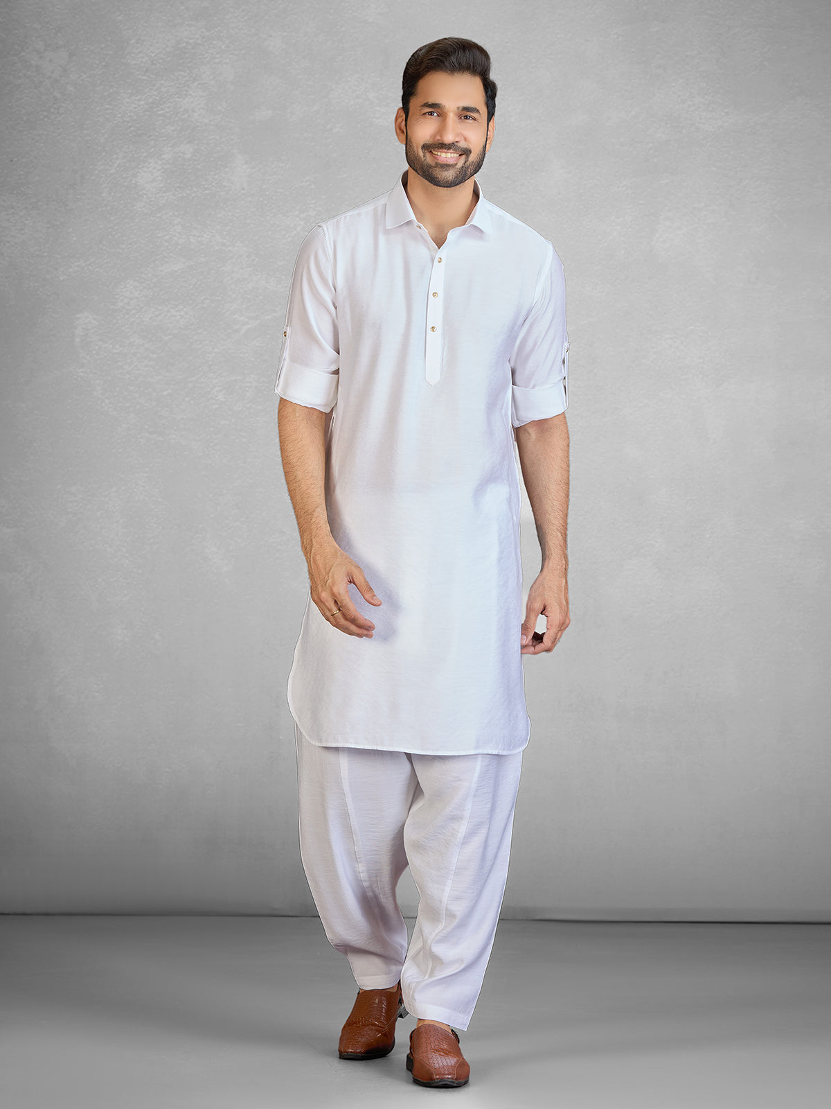 Traditional white cotton blend pathani suit