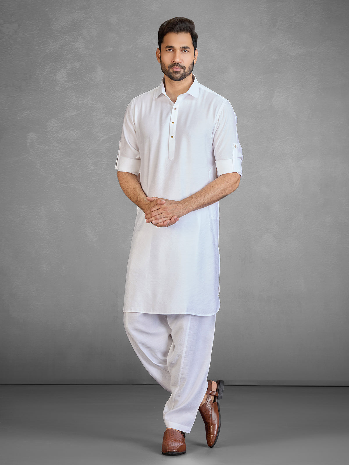 Traditional white cotton blend pathani suit