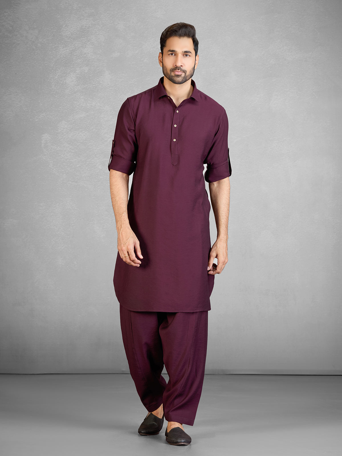 Festive wine cotton blend pathani suit for men
