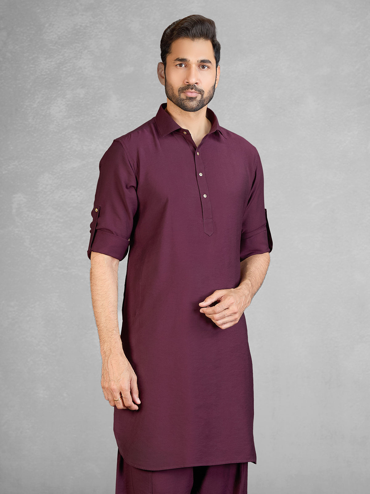 Festive wine cotton blend pathani suit for men