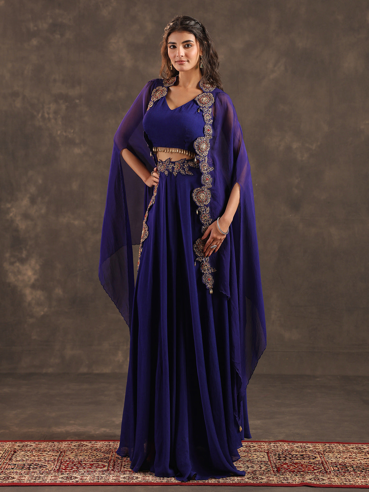 Royal blue viscose crepe designer palazzo suit with shrug