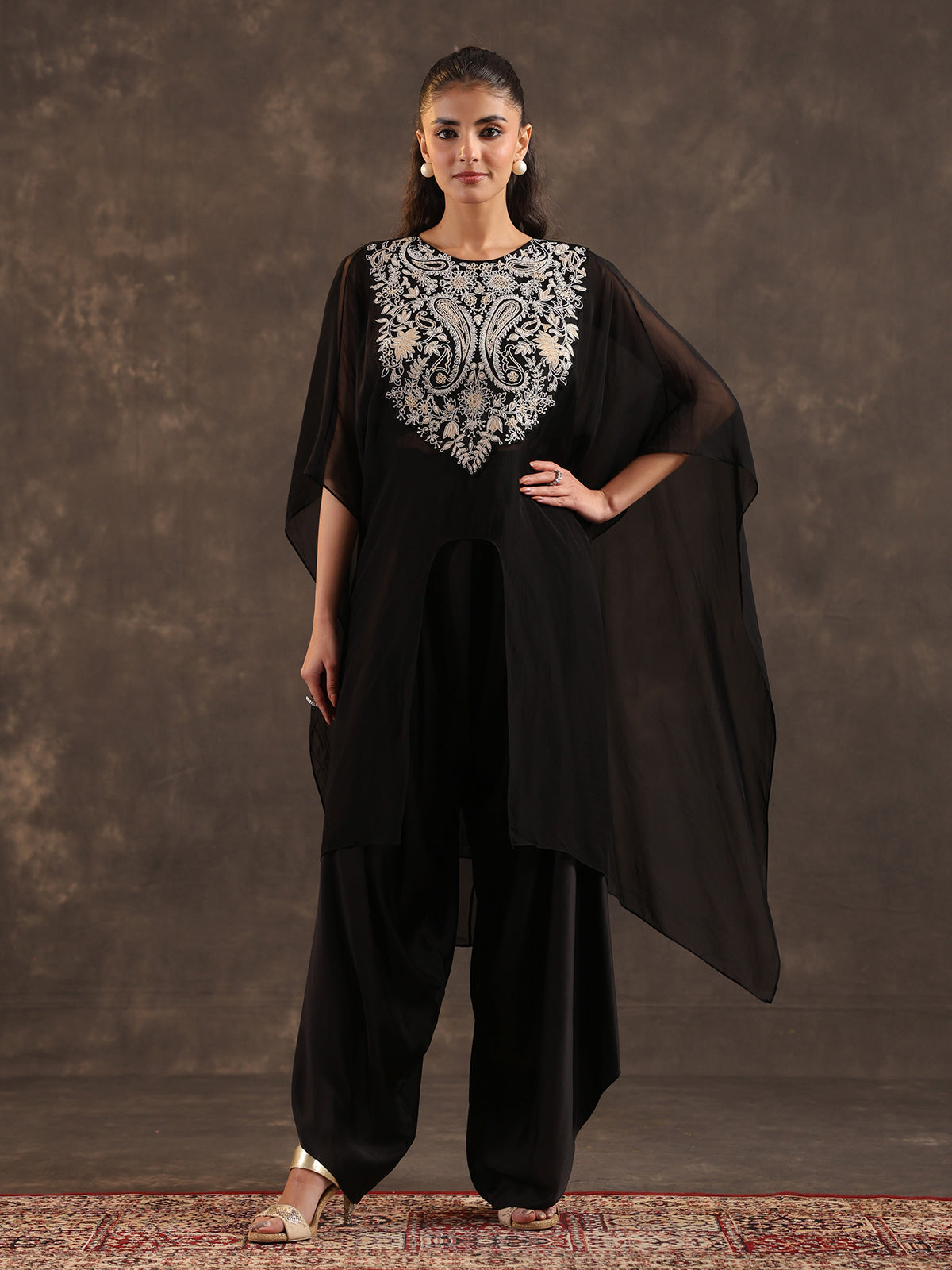 Black organza kaftan style dhoti suit with elegant thread work