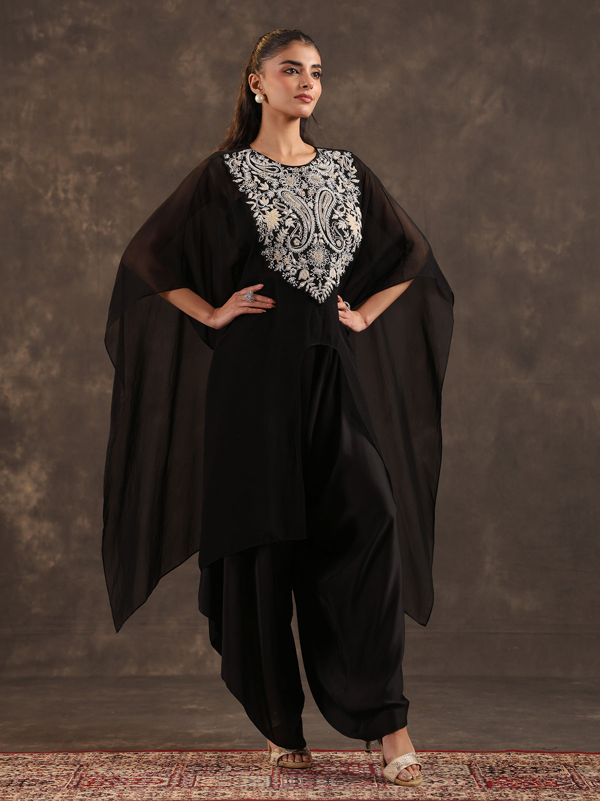 Black organza kaftan style dhoti suit with elegant thread work