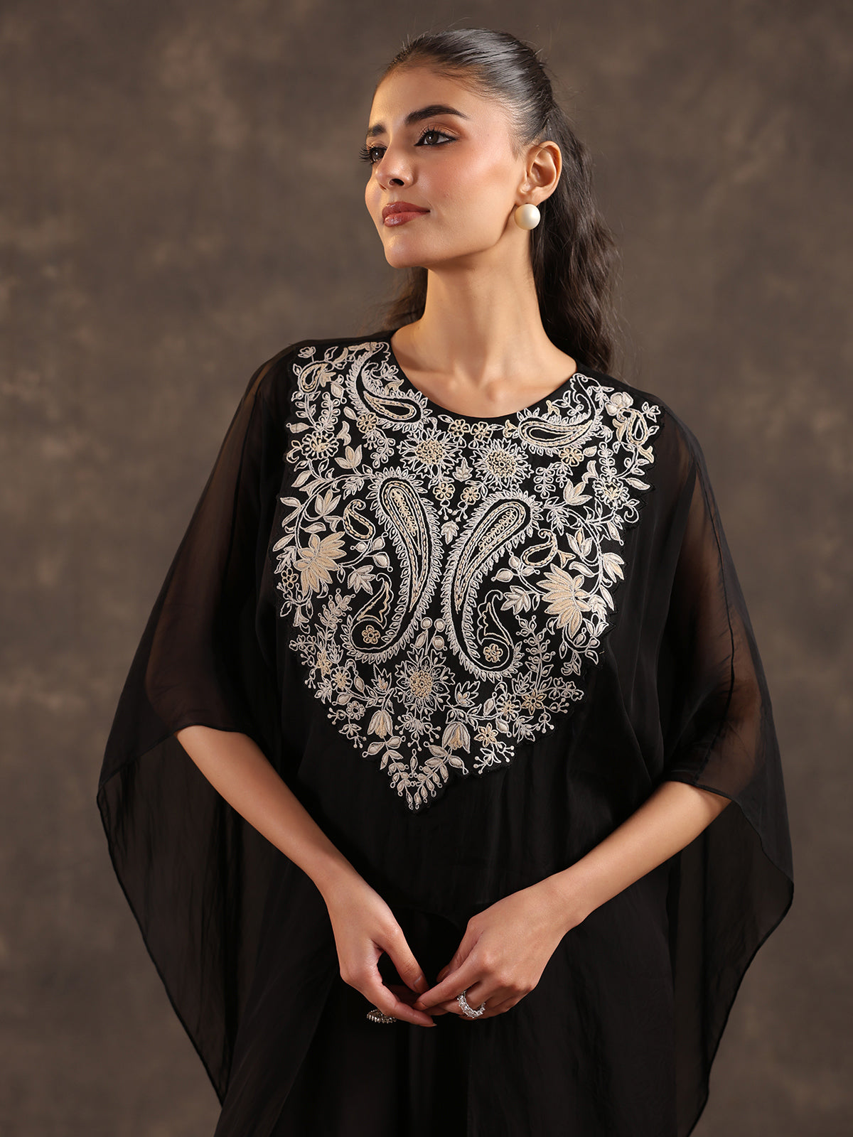 Black organza kaftan style dhoti suit with elegant thread work