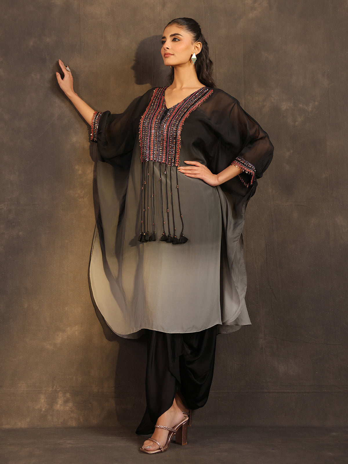 Black organza embellished kaftan suit with elegant V neckline
