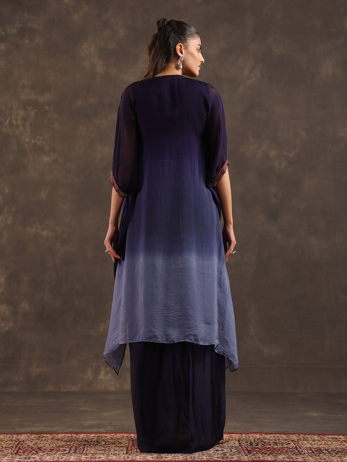 Dark blue ombre organza kaftan suit with festive embellishments