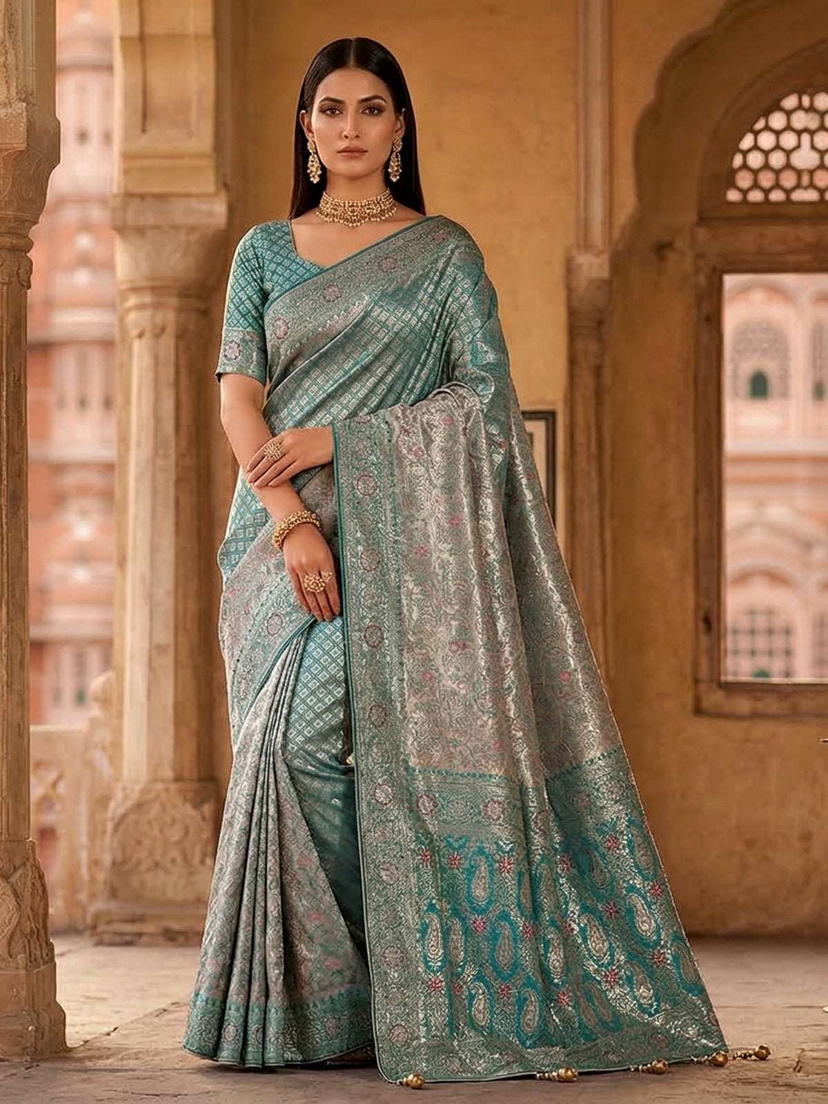 Aqua tissue silk kanjivaram heavy work saree