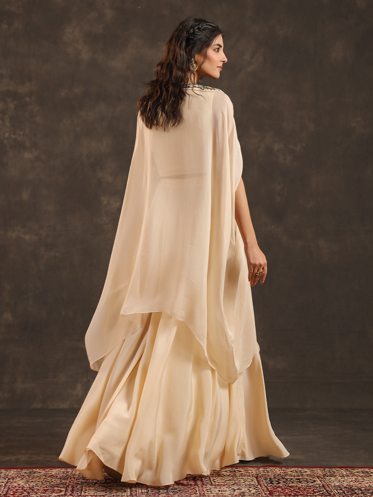 Off white organza kaftan palazzo suit with zardosi embellishments