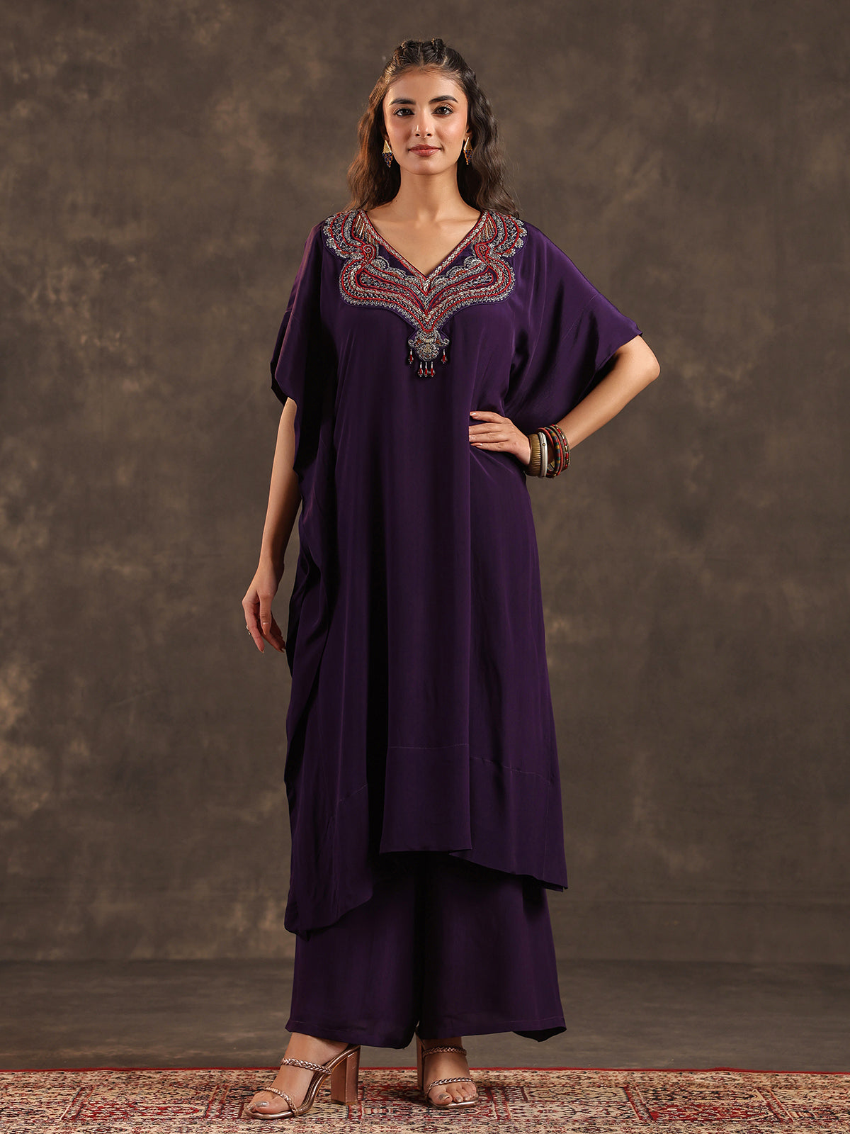 Violet viscose crepe long top palazzo festive suit
