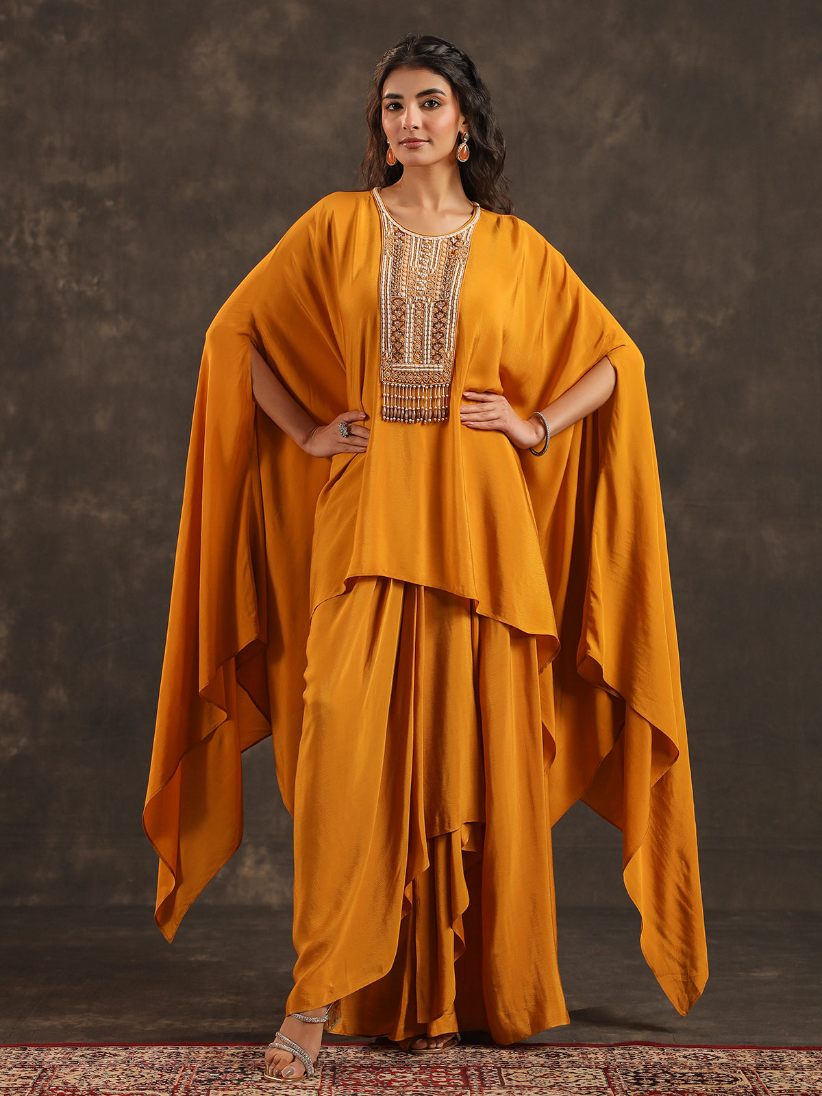Mustard yellow viscose crepe kaftan suit with pearl embellishments