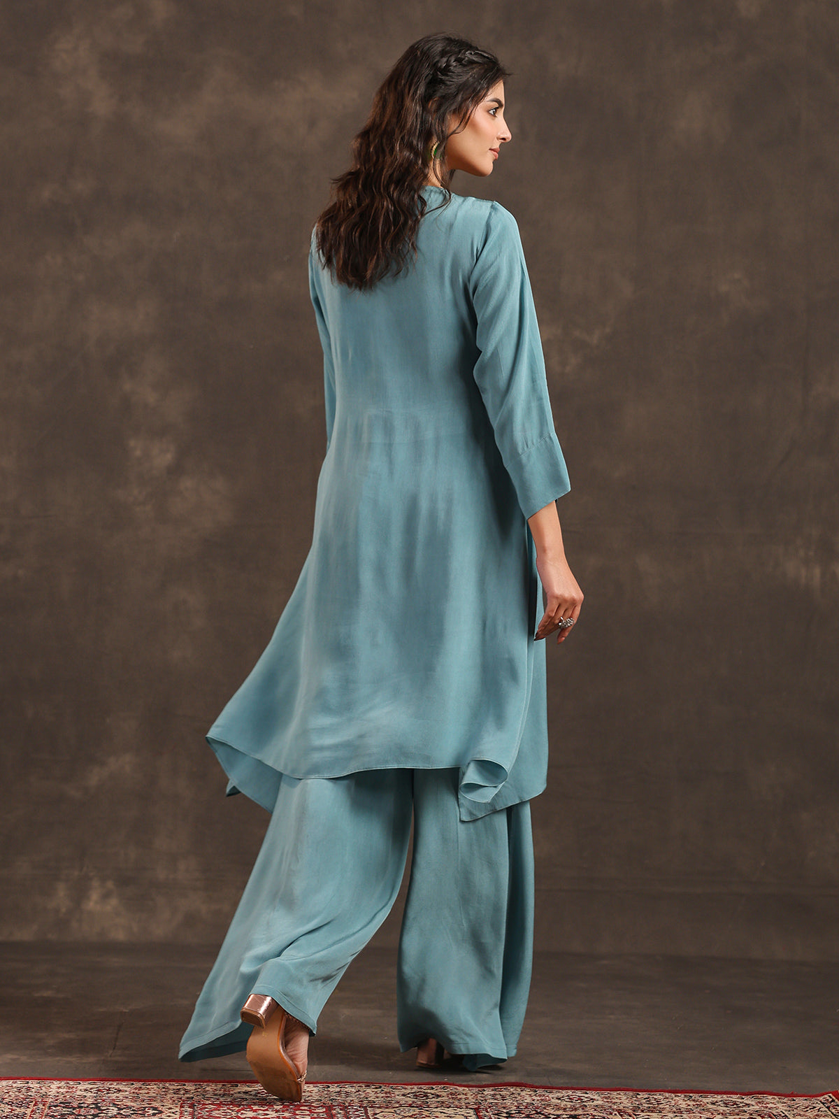 Sky blue yoke style palazzo suit with delicate embellishments