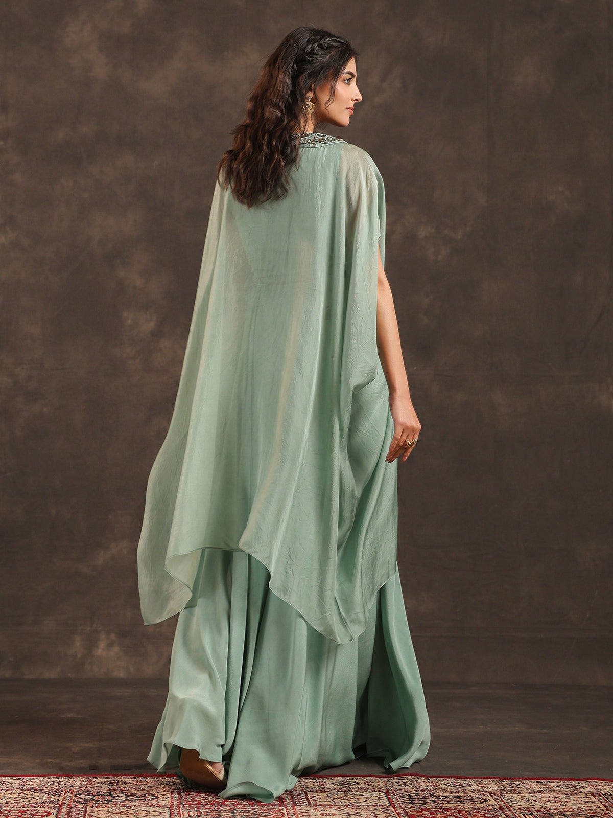 Mint green organza designer kaftan palazzo suit with zardosi