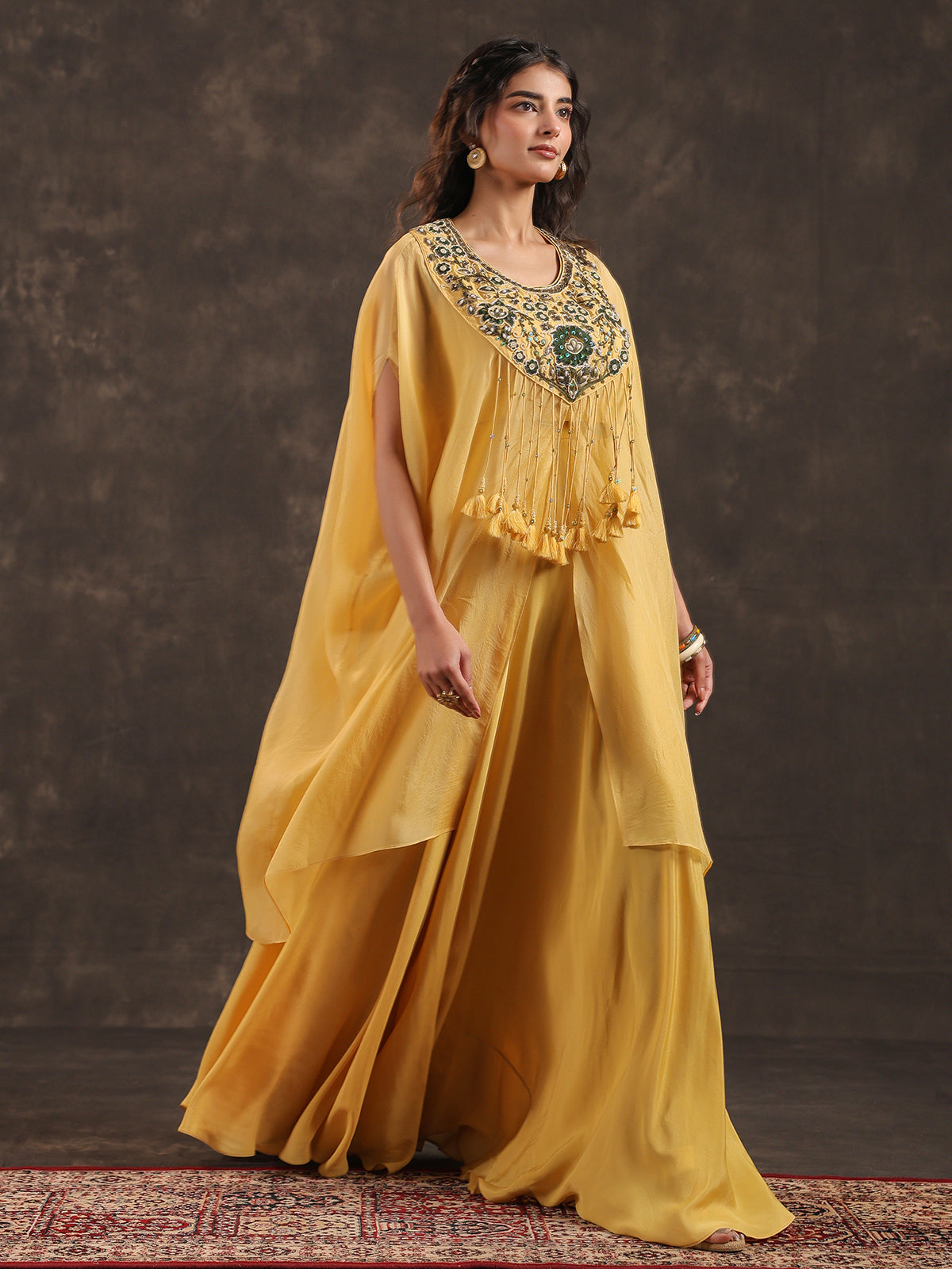Yellow organza designer kaftan palazzo suit with zardosi work