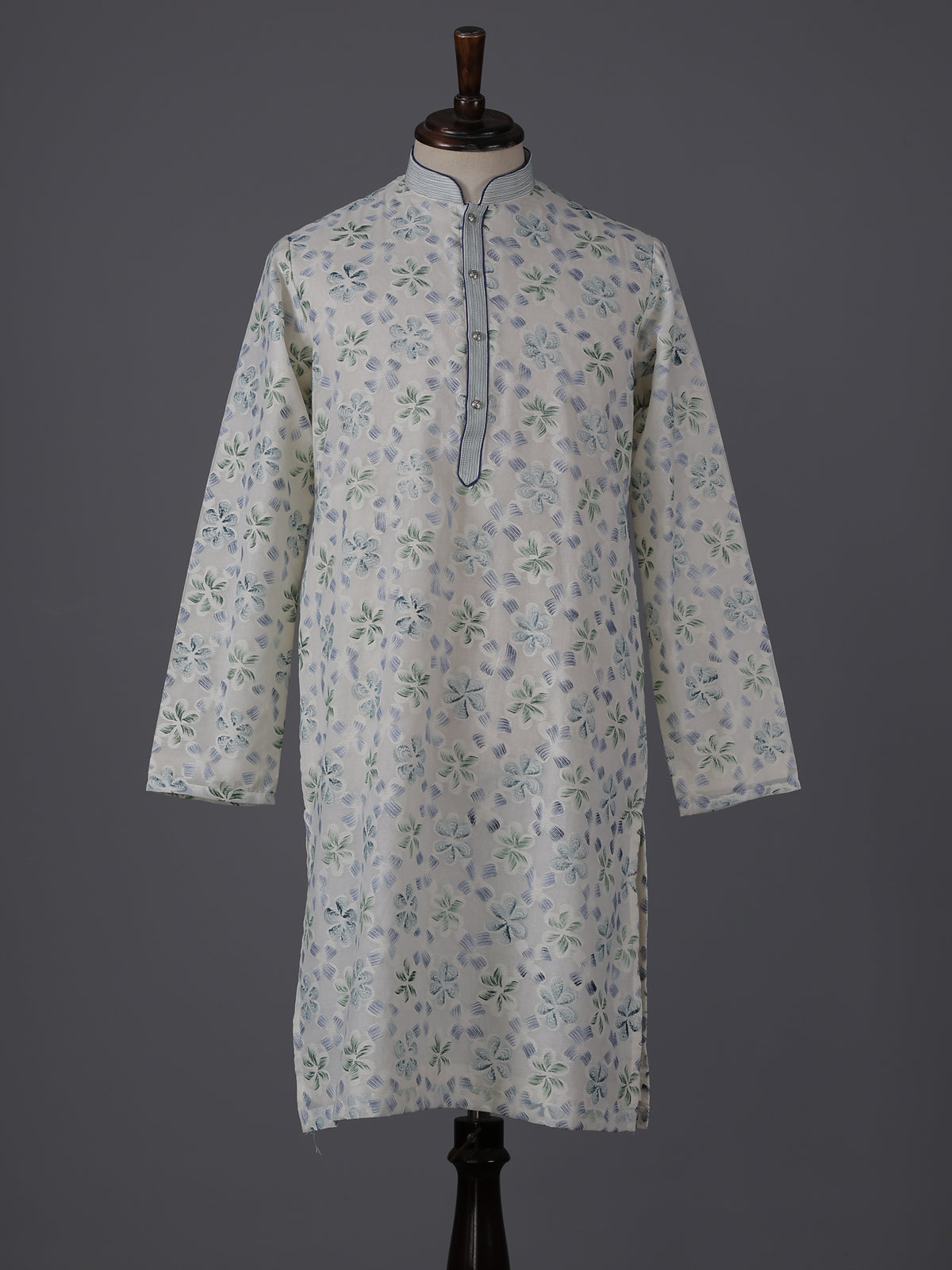 Off white blue floral printed cotton festive kurta suit