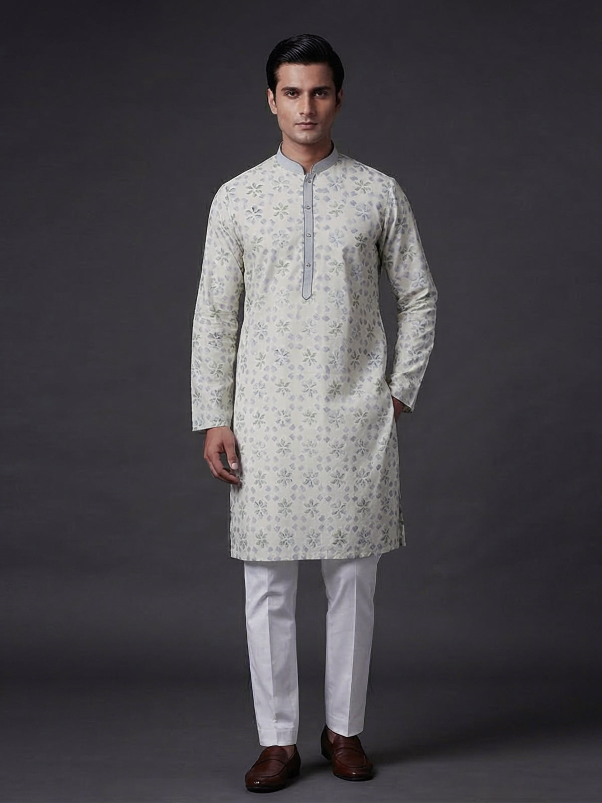 Off white blue floral printed cotton festive kurta suit