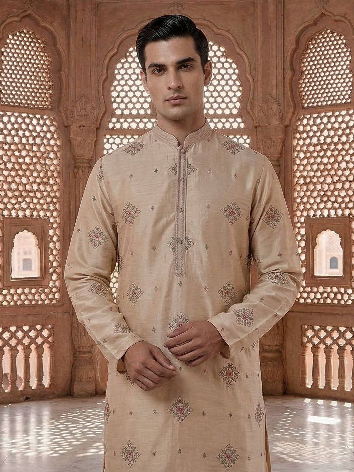 Cream silk embroidered kurta suit with festive sequin detailing