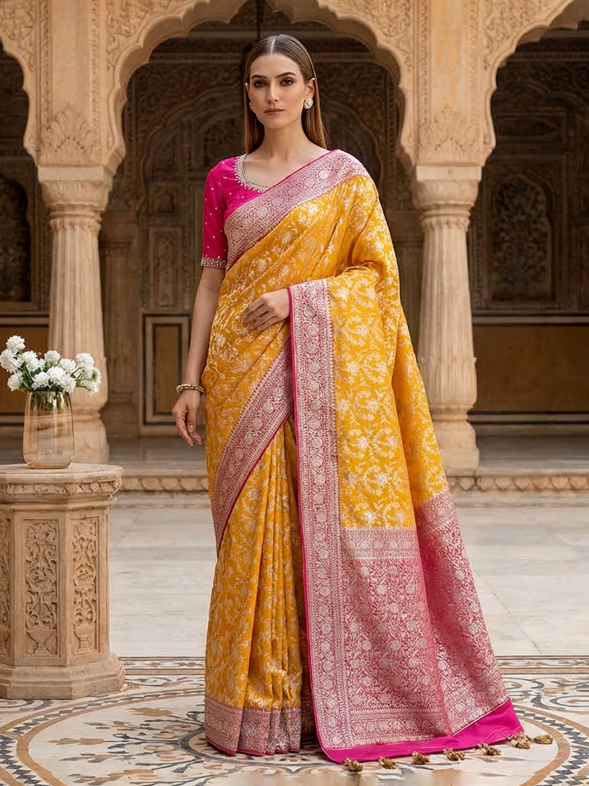 Mustard yellow banarasi silk saree for haldi elegance