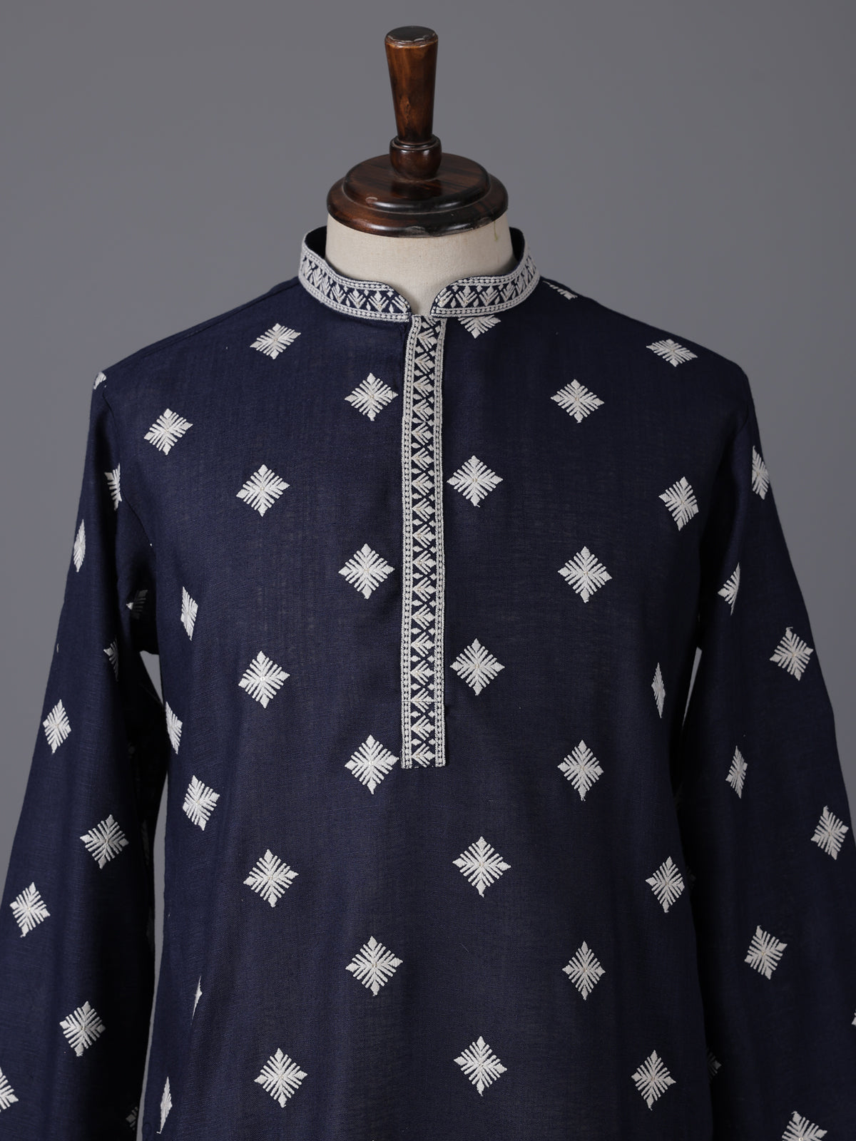Navy blue cotton silk embroidered festive kurta suit