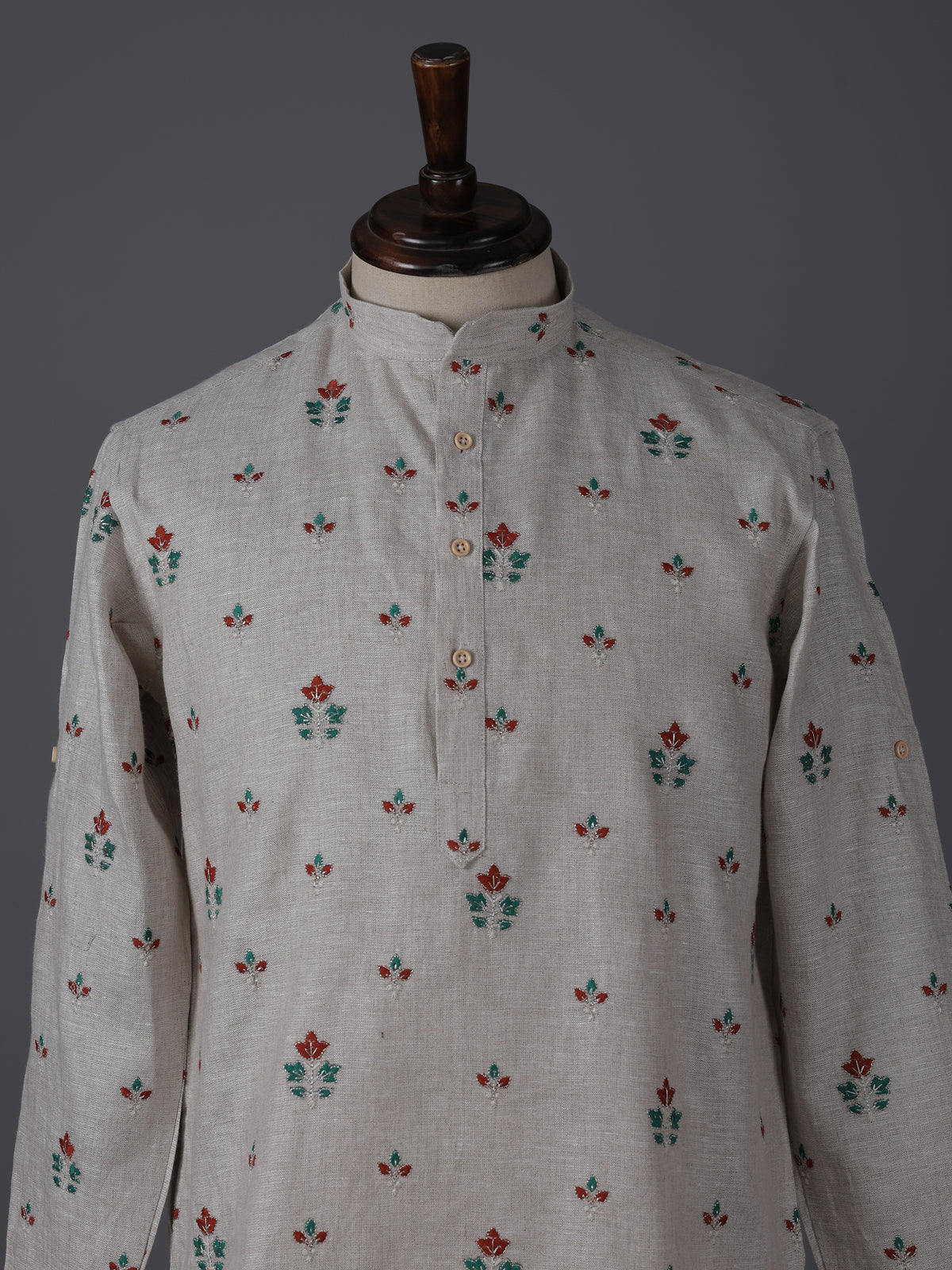 Light grey cotton linen embroidered festive kurta suit