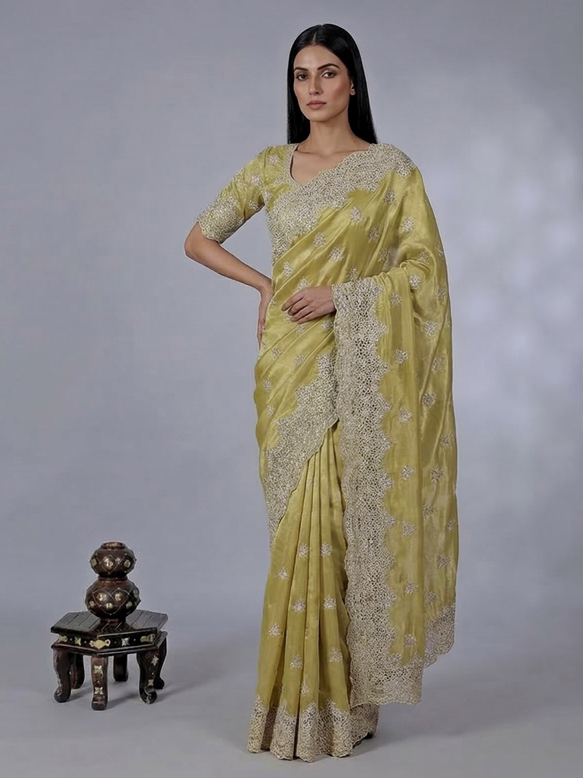 Mehendi yellow tissue silk saree with diamond cutwork