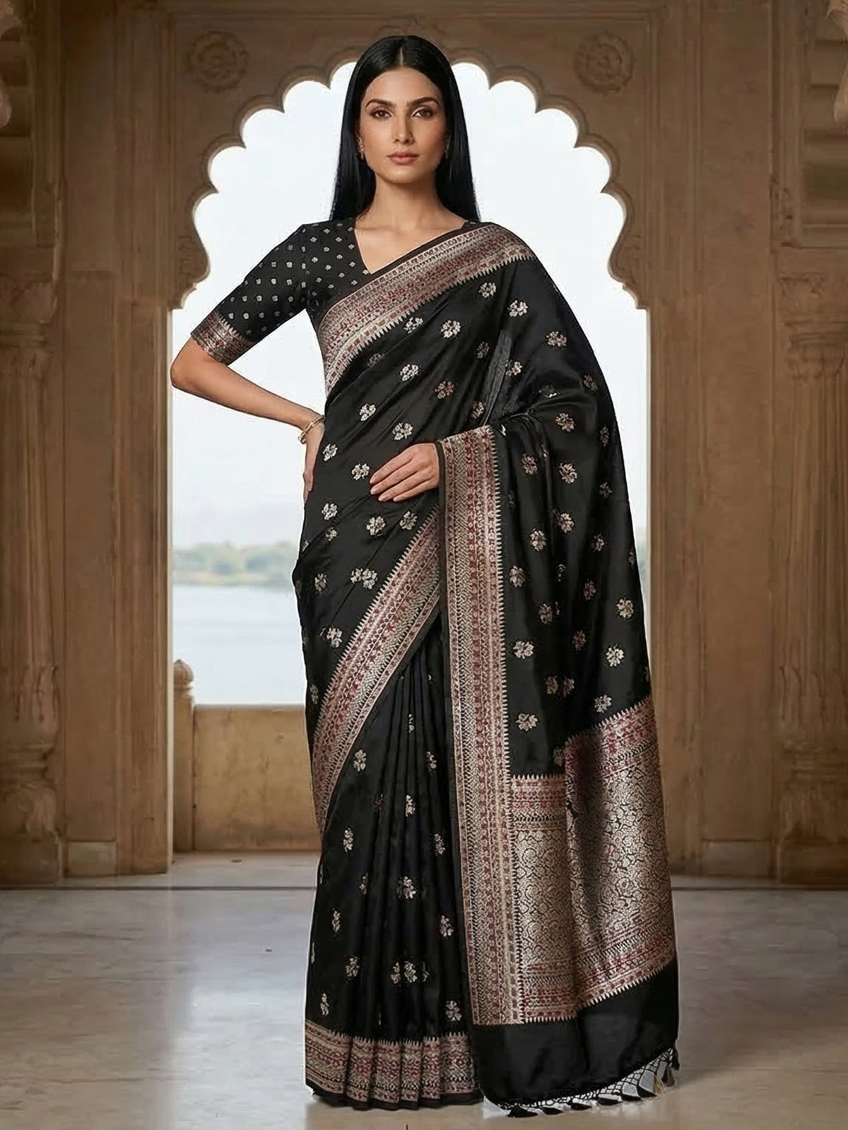 Black silk saree with zari and colorful motifs