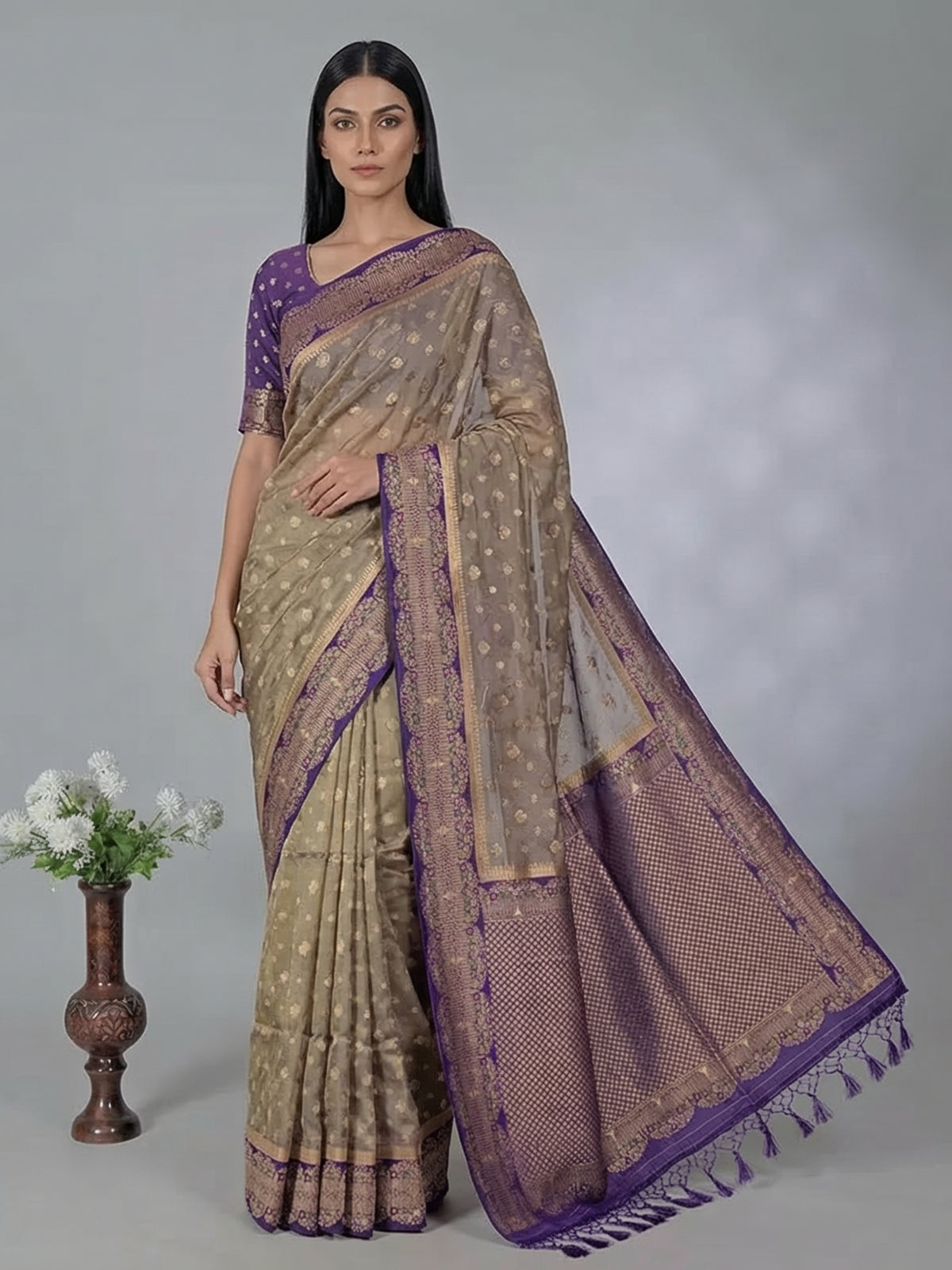 Purple art silk zari butti work saree