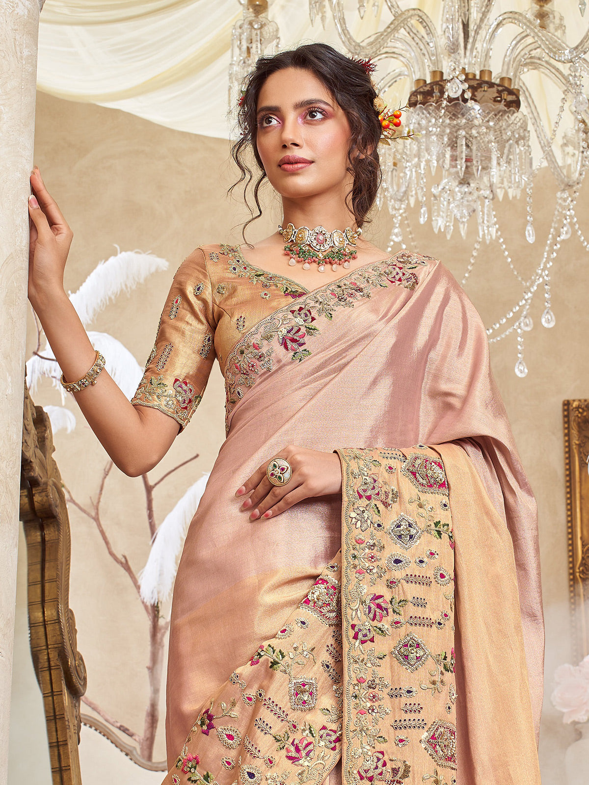 Light peach viscose silk saree for wedding wear