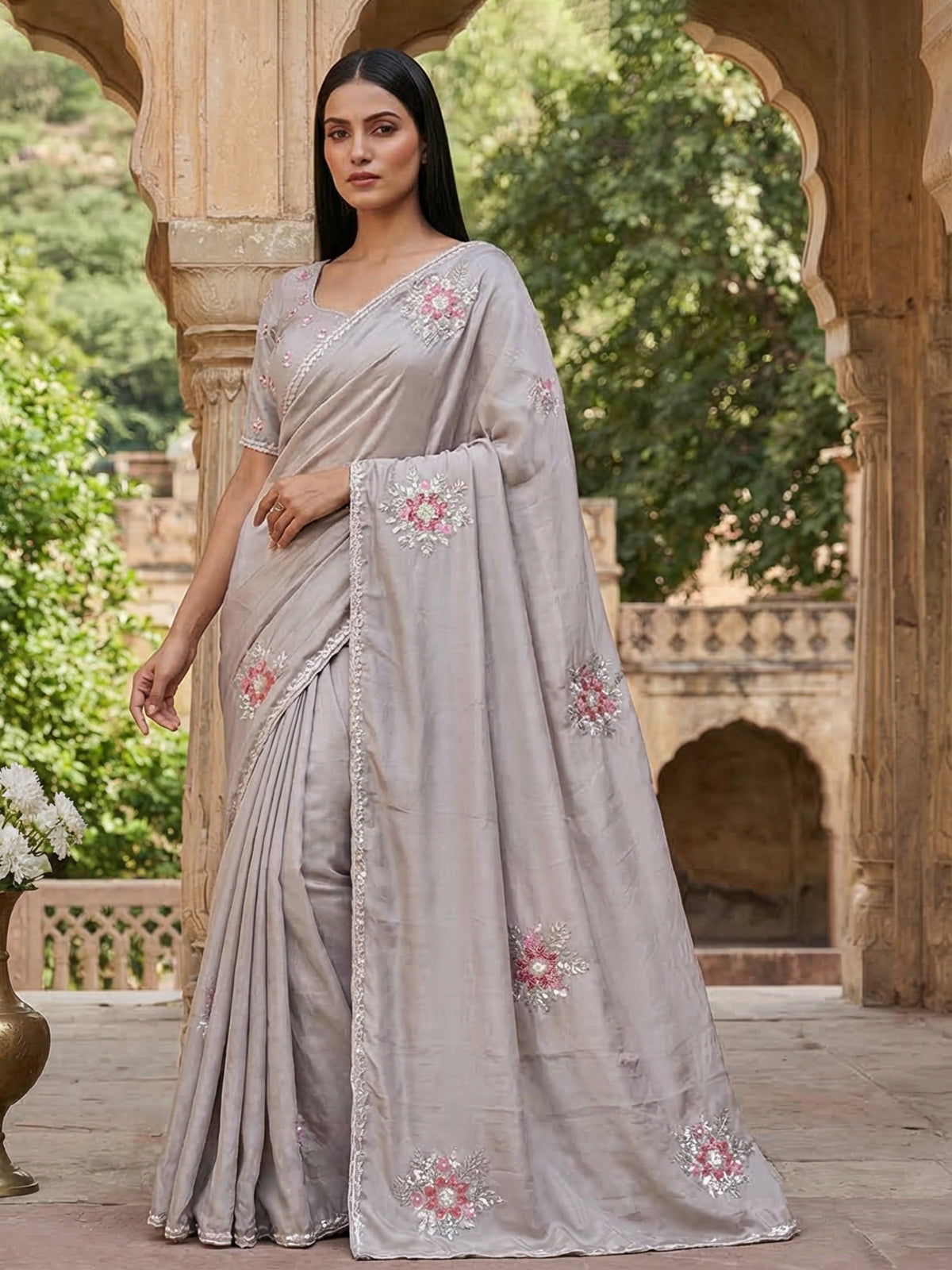 Light grey shimmer tissue silk saree with cutdana sparkle