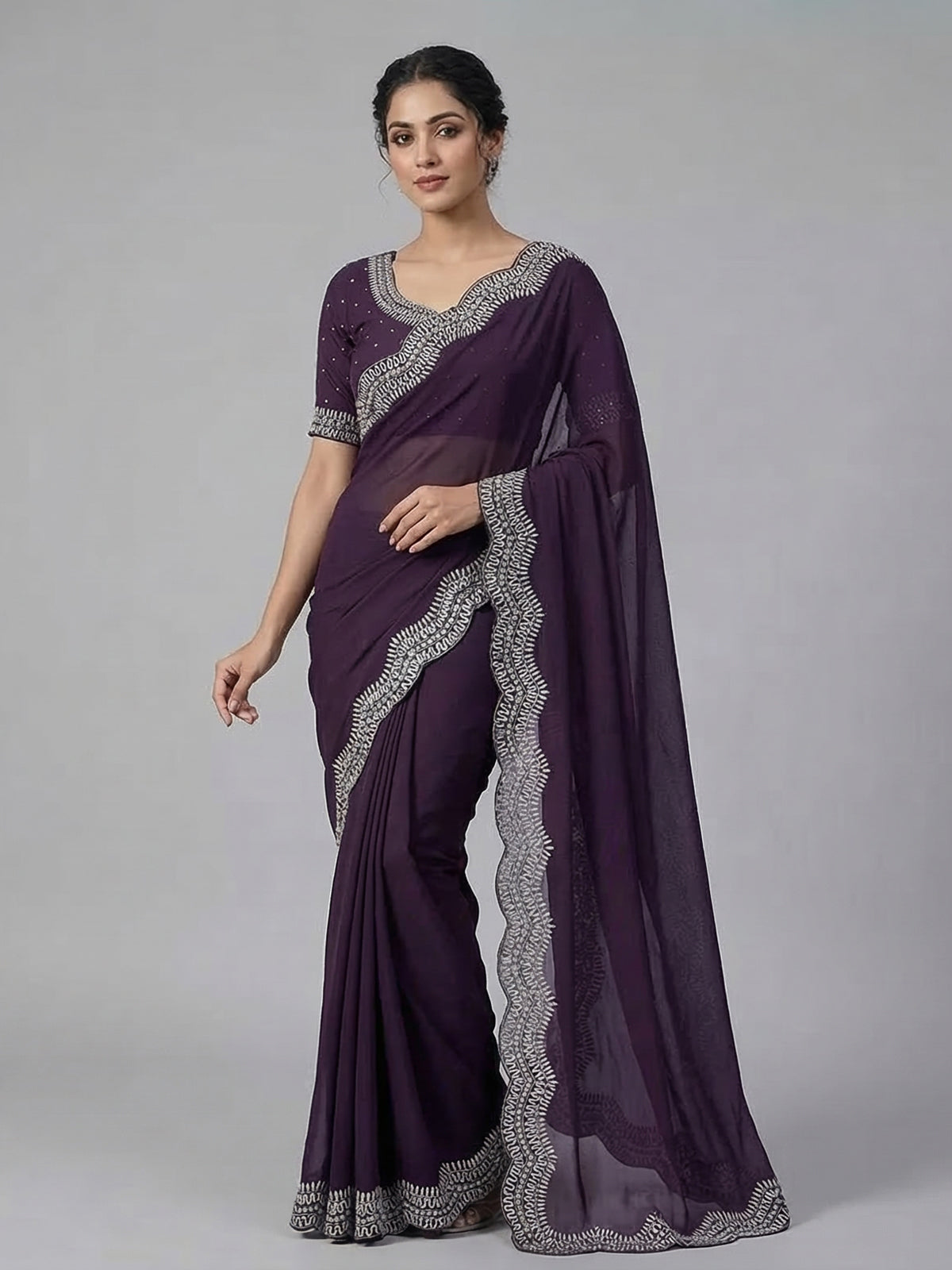 Dark purple dola silk saree with cutdana and diamond detailing