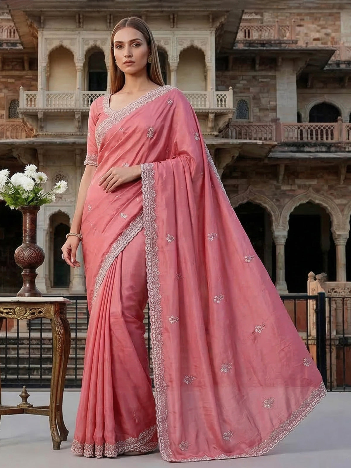 Onion pink tissue silk saree with cutdana and zardosi work