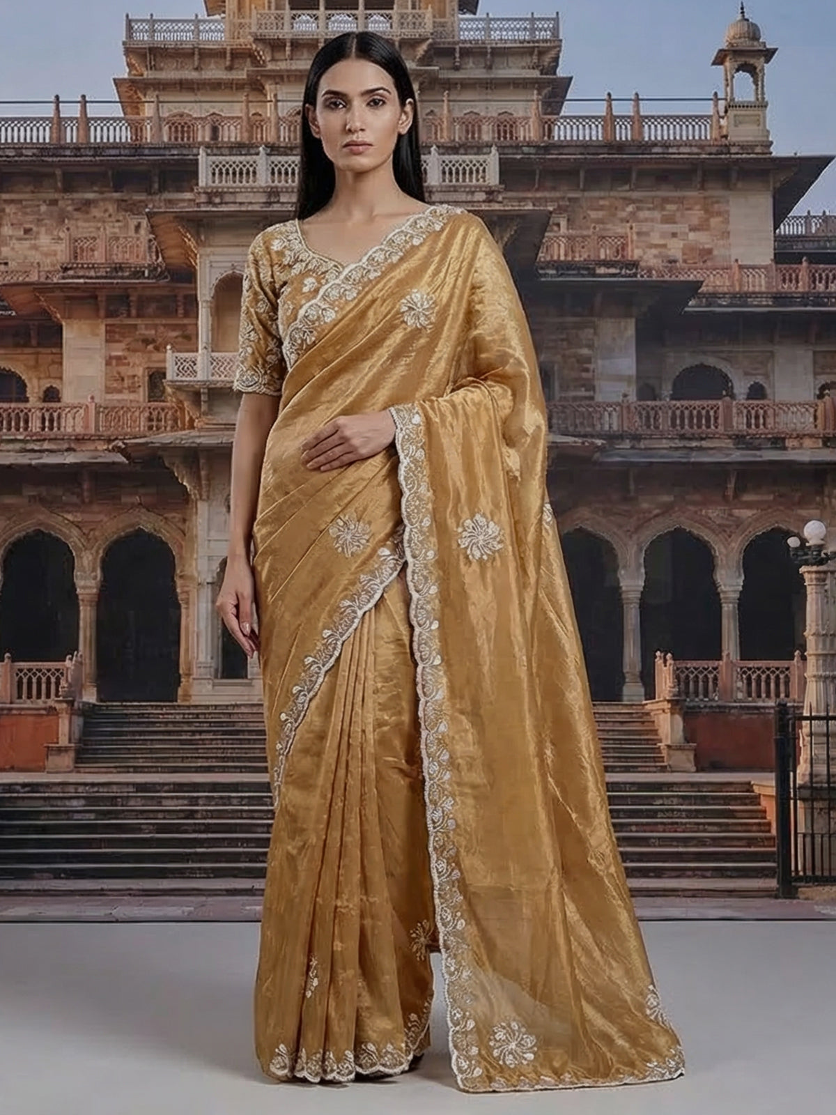 Dark beige cruss tissue silk saree with bead embellishments