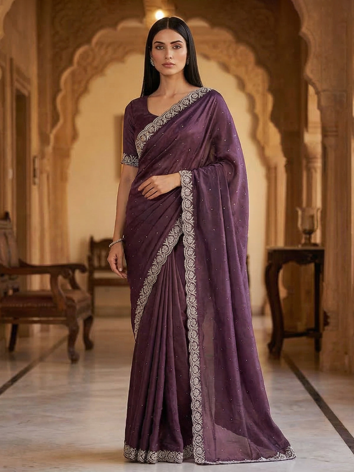 Dark purple semi tissue silk saree with zardosi diamond work