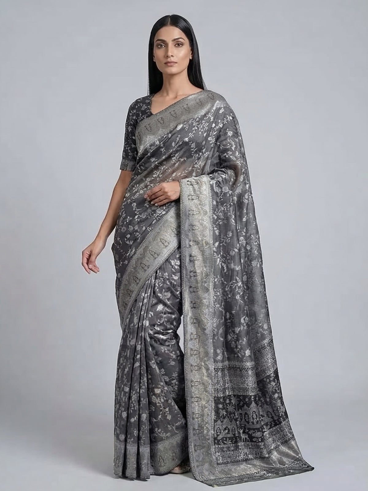 Charcoal black printed pashmina silk saree for festive events