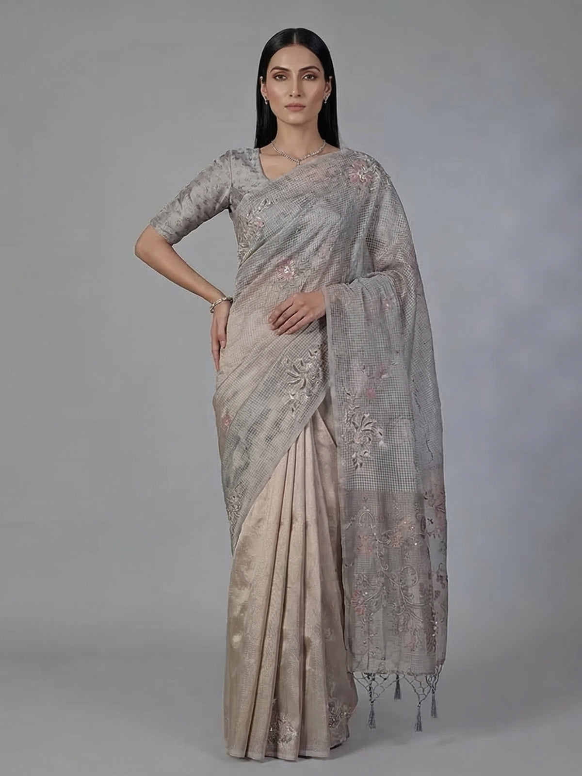 Peach grey semi tissue silk zardosi saree