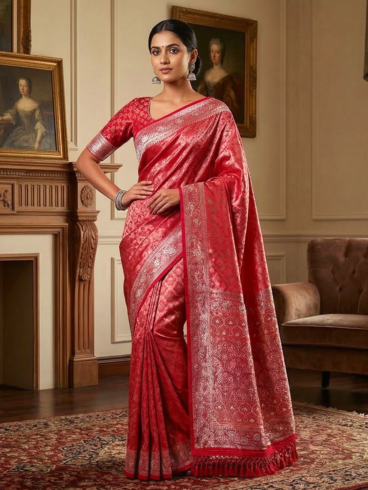 Red semi kanjivaram silk wedding wear saree